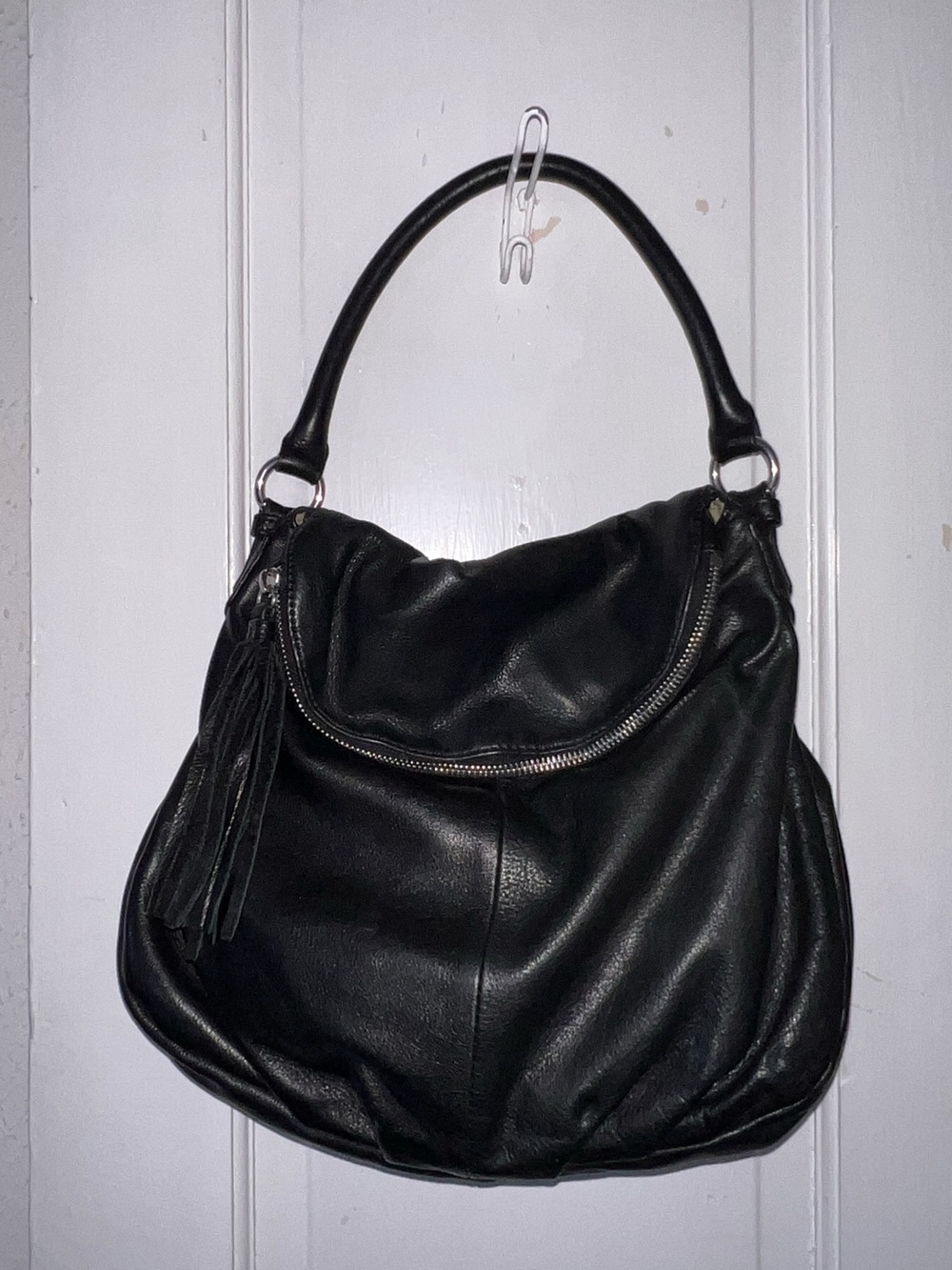 Genuine Black Leather Hobo Purse with Tassel